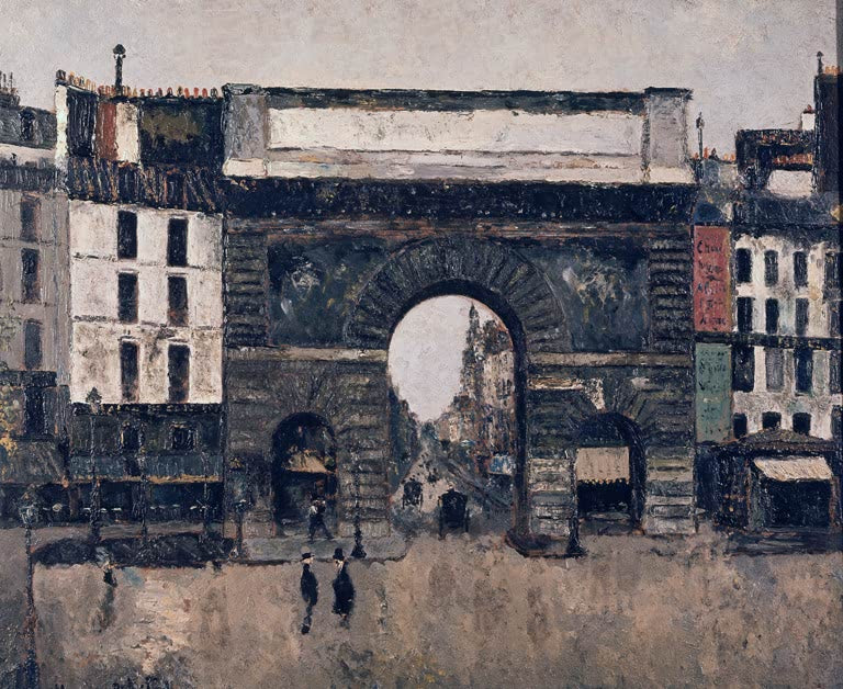 Massives Stadttor mit Bogen zwischen hohen Häusern – Maurice Utrillo Das Tor des Heiligen Martin Kunstkopie