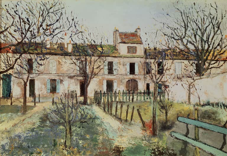 Haus mit Garten und Lattenzaun hinter kahlen Bäumen, davor grüne Bänke – Maurice Utrillo Der Garten von Montmagny Kunstkopie