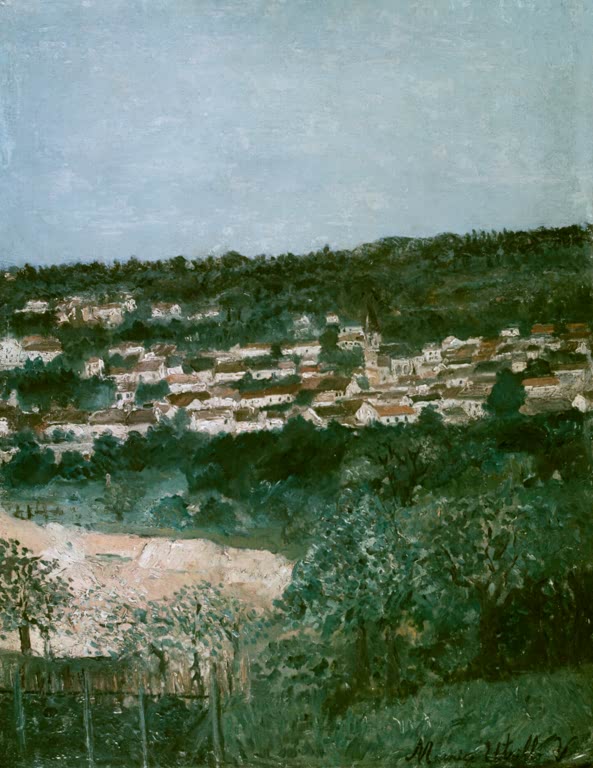 Grüne Hügellandschaft mit Häusern am Hang und hellem Steinbruch – Maurice Utrillo Der Steinbruch in Montmagny Kunstkopie