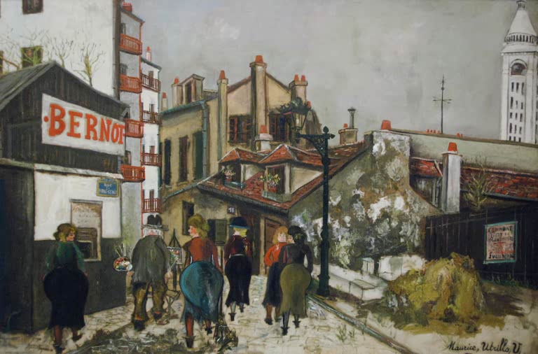 Straßenecke mit Bernot-Schild, Passanten, Dächern und dem Sacré-Cœur – Maurice Utrillo Die Bernot-Haus Kunstkopie