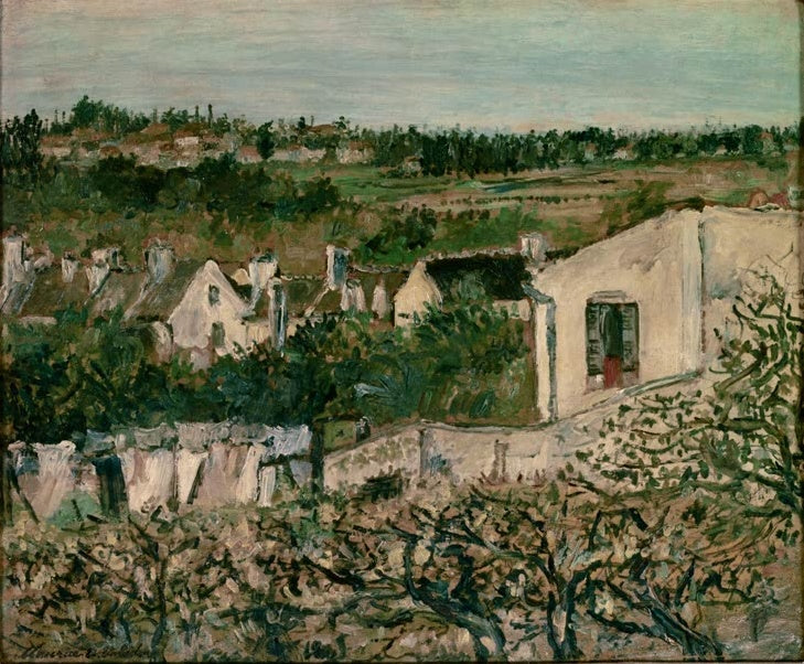Blick über Gärten und kahle Obstbäume auf Häuser und grüne Felder – Maurice Utrillo Die Butte Pinson Kunstkopie