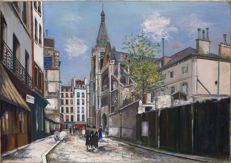 Gasse mit Passanten, Läden und gotischer Kirche – Maurice Utrillo Die Kirche Saint-Séverin in Paris Kunstkopie