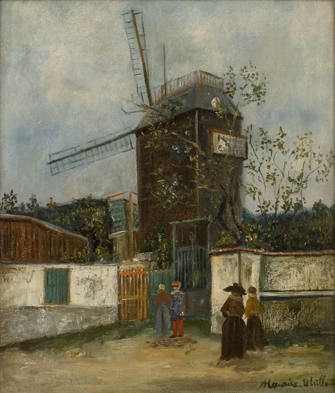 Windmühle hinter weißer Mauer, davor vier Passanten auf dem Platz – Maurice Utrillo Die Mühle von La Galette Kunstkopie