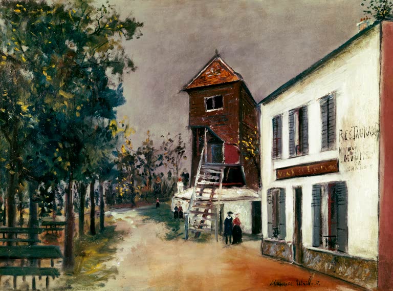 Hölzerne Bockwindmühle mit Treppe neben weißem Restaurant und Bäumen – Maurice Utrillo Die Mühle von Sannois Kunstkopie