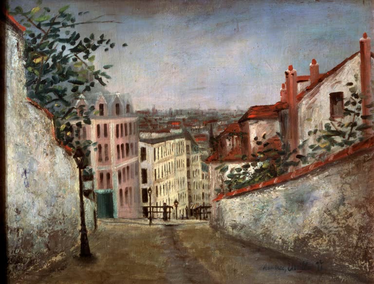 Gasse zwischen weißer Mauer und rosa Haus, weiter Blick – Maurice Utrillo Die Rue du Mont Cenis, Montmartre Kunstkopie