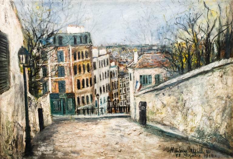 Steile Pariser Gasse mit Laterne, Mauer und hohen Häusern – Maurice Utrillo Die Rue du Mont-Cenis Kunstkopie