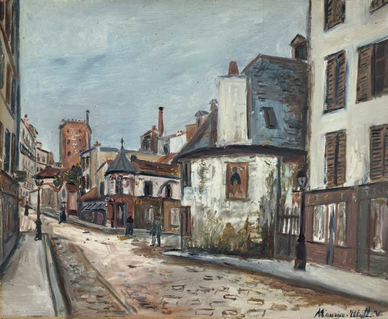 Winterliche Pariser Gasse mit hohen Häusern, Kirchturm und Passanten – Maurice Utrillo La Belle Gabrielle Kunstkopie