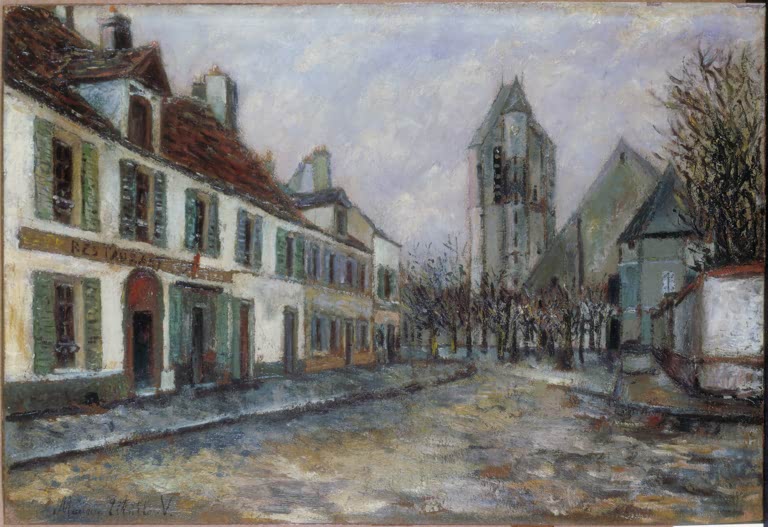 Dorfplatz mit Häuserzeile im Winter, im Hintergrund eine Kirche – Maurice Utrillo Dorfplatz Kunstkopie