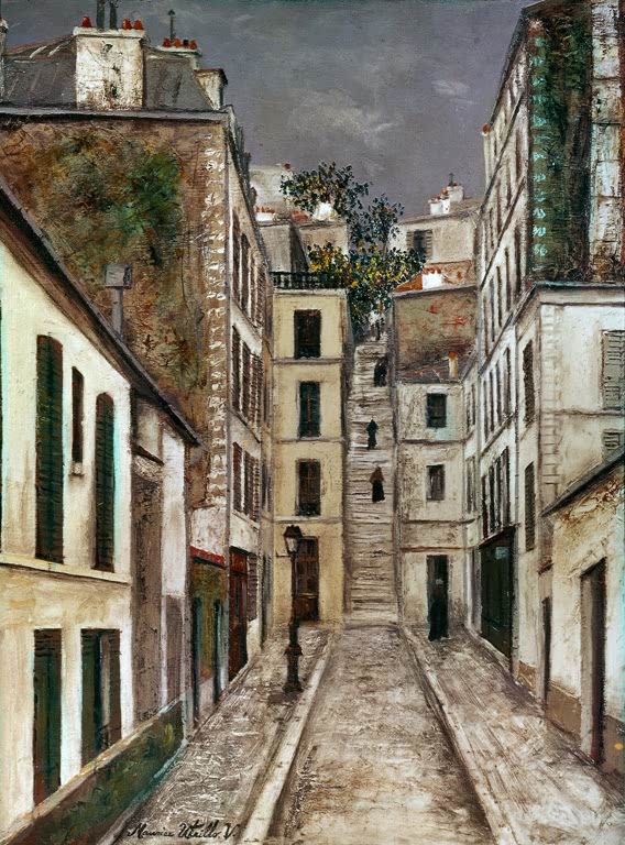 Schmale Treppengasse zwischen hohen Häusern mit Laterne und Pflaster – Maurice Utrillo El pasaje Cottin Kunstkopie