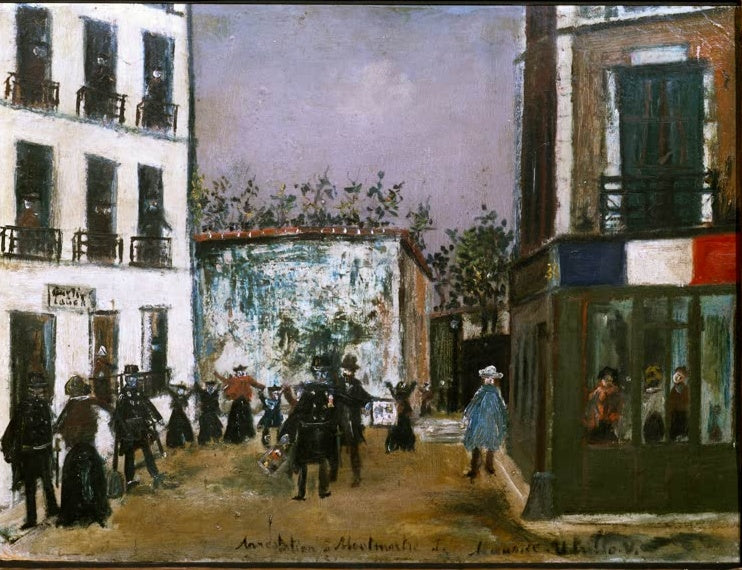 Menschenmenge und Polizisten auf einem Platz zwischen Eckhäusern – Maurice Utrillo Festnahme auf dem Montmartre Kunstkopie