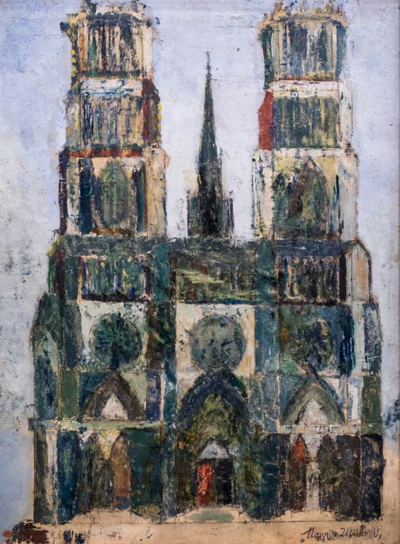 Zweitürmige Kathedralenfassade in dick aufgetragener Farbe – Maurice Utrillo Kathedrale von Orléans Kunstkopie