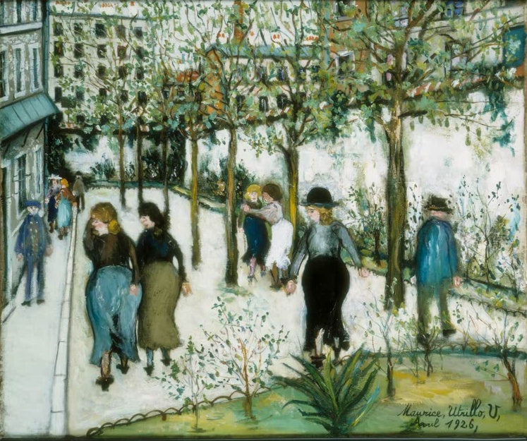 Spaziergängerinnen unter jungen Bäumen in einer Pariser Grünanlage – Maurice Utrillo Häuser in Villejuif Kunstkopie