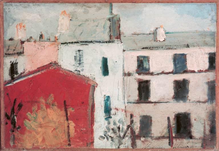 Weiße und rosa Häuserfassaden mit rotem Schuppen im Vordergrund – Maurice Utrillo Häuser Kunstkopie