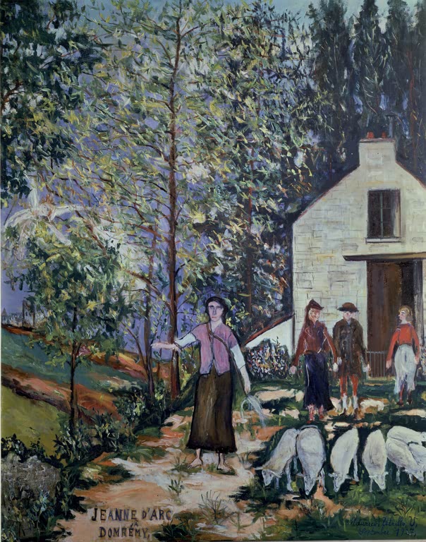 Junge Frau mit Schafen vor weißem Haus zwischen hohen Bäumen und Kindern – Maurice Utrillo Johanna von Orléans Kunstkopie