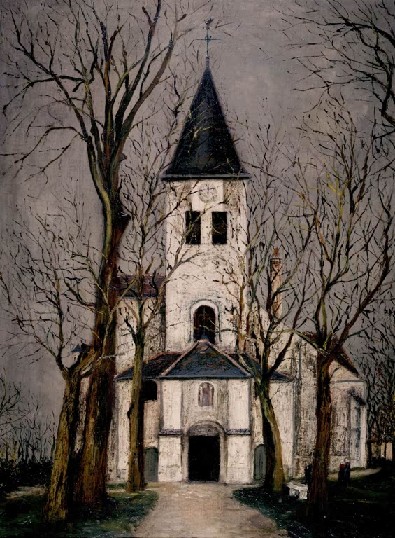 Weiße Kirche mit dunklem Spitzdach zwischen kahlen Bäumen – Maurice Utrillo Kirche in Châtillon-sur-Seine Kunstkopie