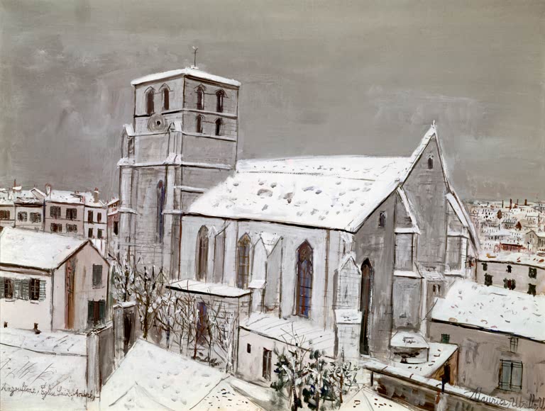 Verschneite Kirche mit Turm zwischen weißen Dächern – Maurice Utrillo Kirche Saint-André, Angoulême, im Schnee Kunstkopie