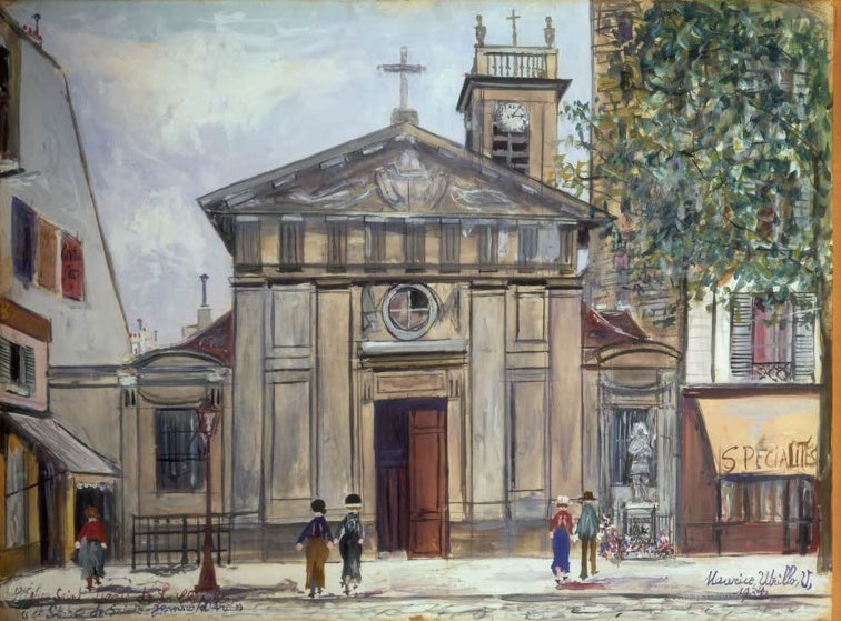 Klassizistische Kirche mit Uhrturm, davor Passanten im Schnee – Maurice Utrillo Kirche Saint-Denys de la Chapelle Kunstkopie