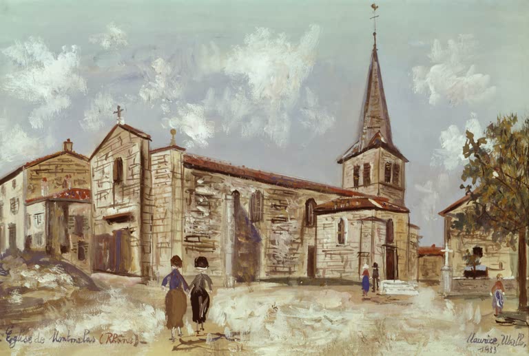 Dorfkirche mit spitzem Turm, zwei Frauen auf sonnigem Platz – Maurice Utrillo Kirche von Montmelas Kunstkopie