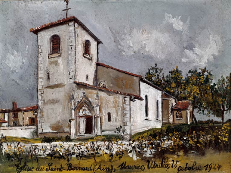 Kirche mit Glockenturm und Spitzbogenportal hinter blühender Wiese – Maurice Utrillo Kirche von Saint-Bernard Kunstkopie