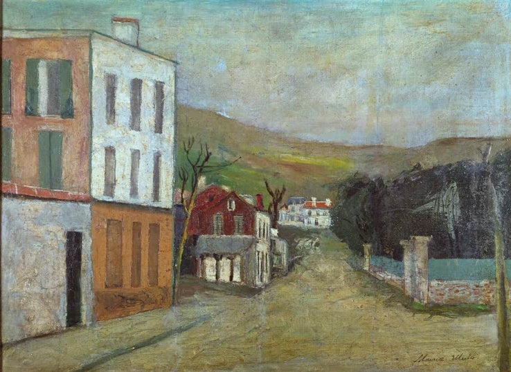 Straße zwischen Häusern und Gartenmauer, dahinter hügelige Landschaft – Maurice Utrillo Korsische Landschaft Kunstkopie