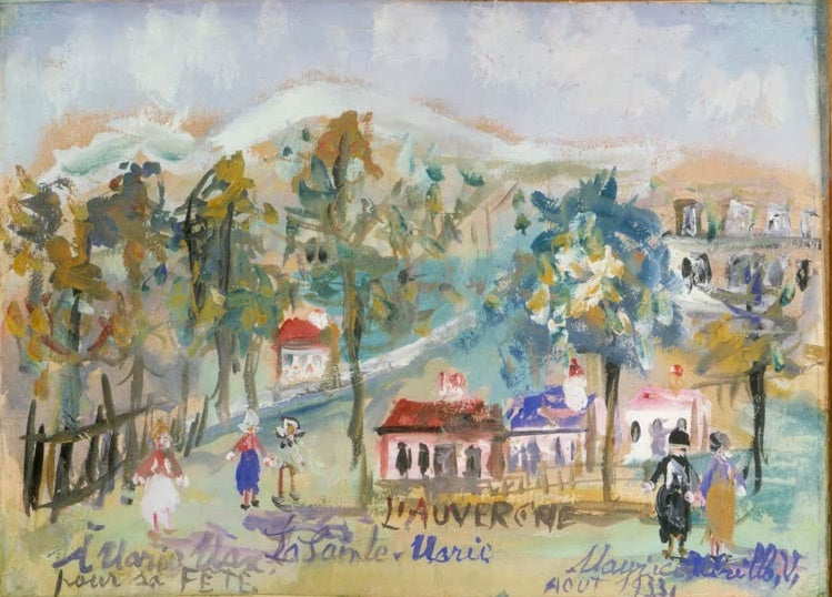Bunte Landschaft mit Hügel, Häusern und Figuren – Maurice Utrillo L'Auvergne, La Sainte-Marie Kunstkopie