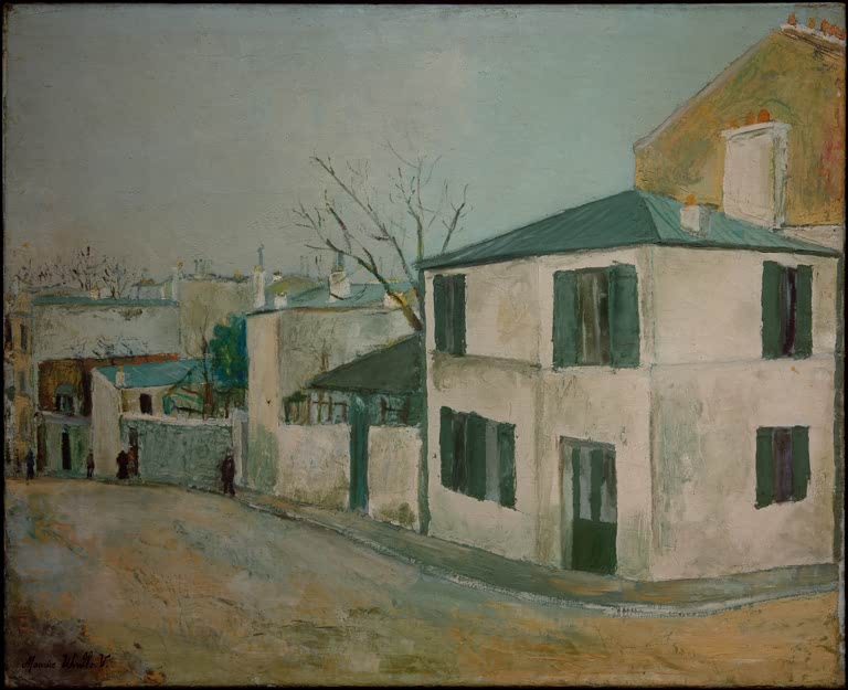 Weißes Eckhaus mit grünem Dach und grünen Fensterläden an einer Straßenkurve – Maurice Utrillo La Maison Rose Kunstkopie