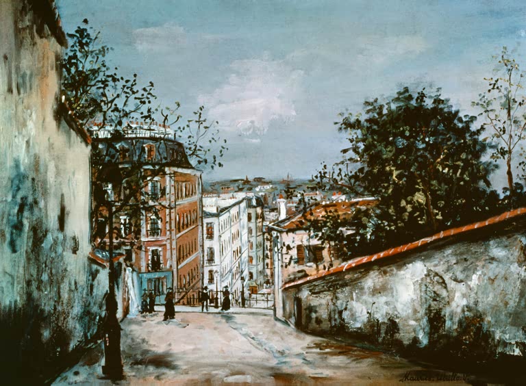 Ansteigende Gasse mit Bäumen und Blick über Dächer – Maurice Utrillo La Rue du Mont-Cenis à Montmartre Kunstkopie