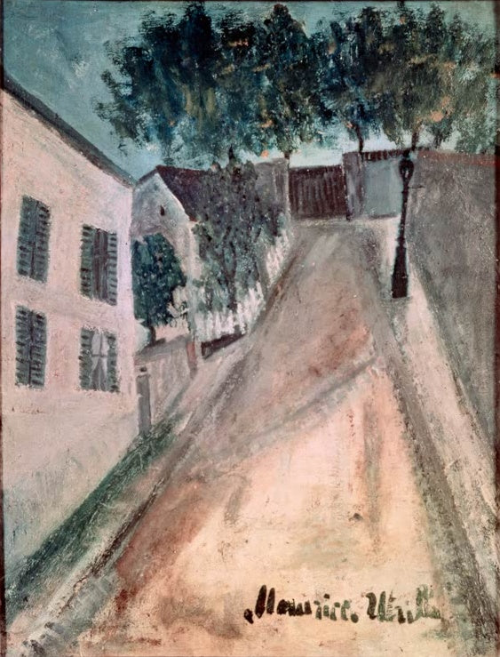 Ansteigende Gasse mit rosa Haus, Laterne und Bäumen – Maurice Utrillo La rue Saint-Vincent Kunstkopie