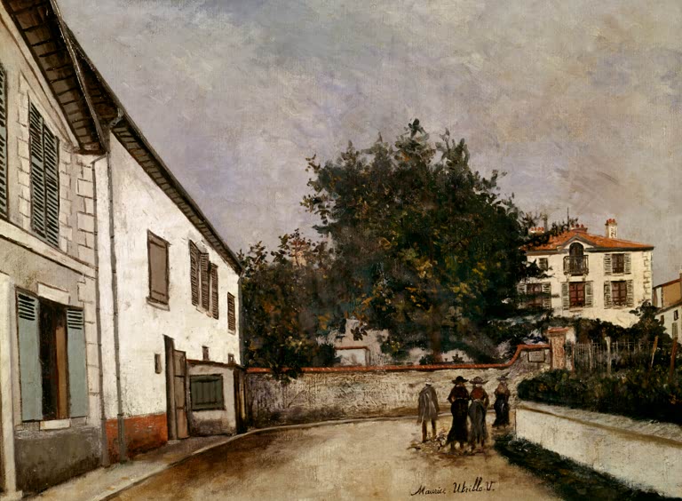 Straße mit hellem Haus, großem Baum und Passanten vor einer Mauer – Maurice Utrillo Landschaft Kunstkopie