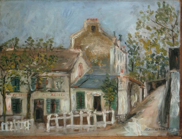 Weißes Cabaret an ansteigender Gasse mit Lattenzaun und Bäumen – Maurice Utrillo Le Lapin agile Kunstkopie