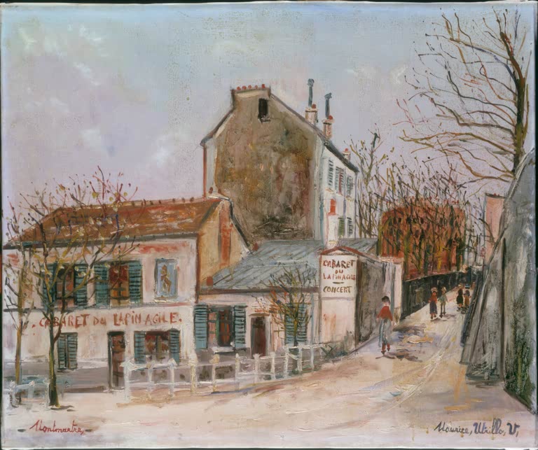 Cabaret mit Lattenzaun in winterlichem Montmartre, Passanten in der Gasse – Maurice Utrillo Le Lapin Agile Kunstkopie