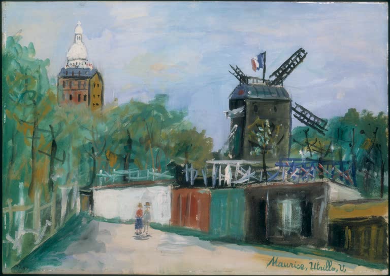 Windmühle mit Trikolore, im Hintergrund Sacré-Cœur, Frau auf der Straße – Maurice Utrillo Le Moulin de la Galette Kunstkopie