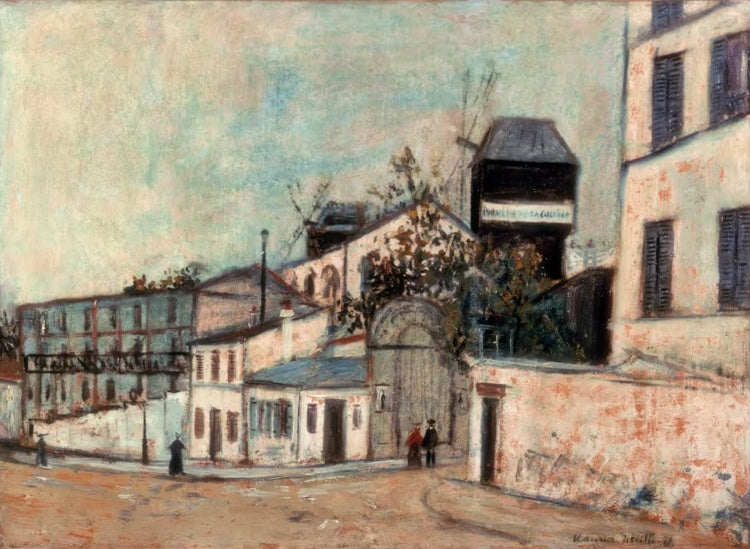 Montmartre-Straße mit Mauern, Häusern und der Windmühle im Hintergrund – Maurice Utrillo Le Moulin de la Galette Kunstkopie