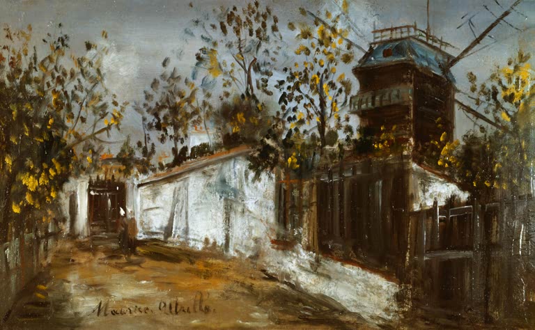 Mühle hinter Holzzaun und weißer Mauer, umgeben von Herbstbäumen – Maurice Utrillo Le Moulin de la Galette Kunstkopie