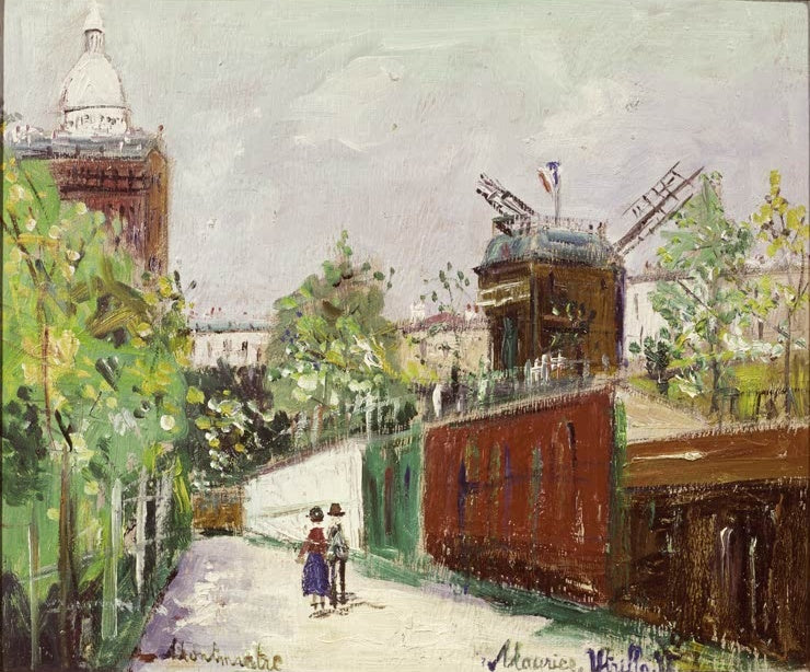 Montmartre-Gasse mit roter Mauer, Windmühle, Sacré-Cœur und Paar – Maurice Utrillo Le Moulin de la Galette Kunstkopie