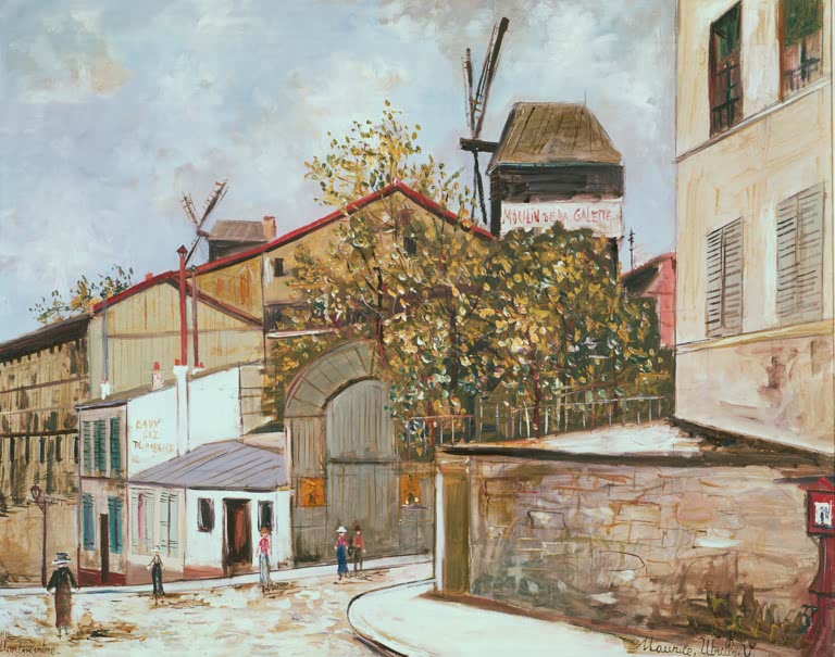 Montmartre-Straße mit Windmühle, Mauer, herbstlichem Baum und Passanten – Maurice Utrillo Le Moulin de la Galette Kunstkopie