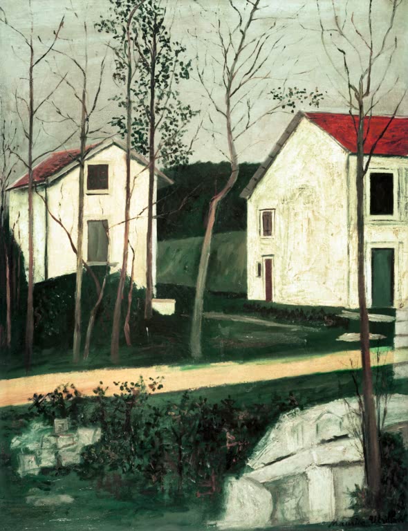 Zwei weiße Häuser mit roten Dächern zwischen kahlen Bäumen und Felsen – Maurice Utrillo Le Ravin de Presles Kunstkopie
