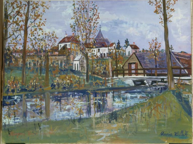 Herbstliche Bäume am Wasser mit Brücke und Häusern im Hintergrund – Maurice Utrillo Margen Kunstkopie