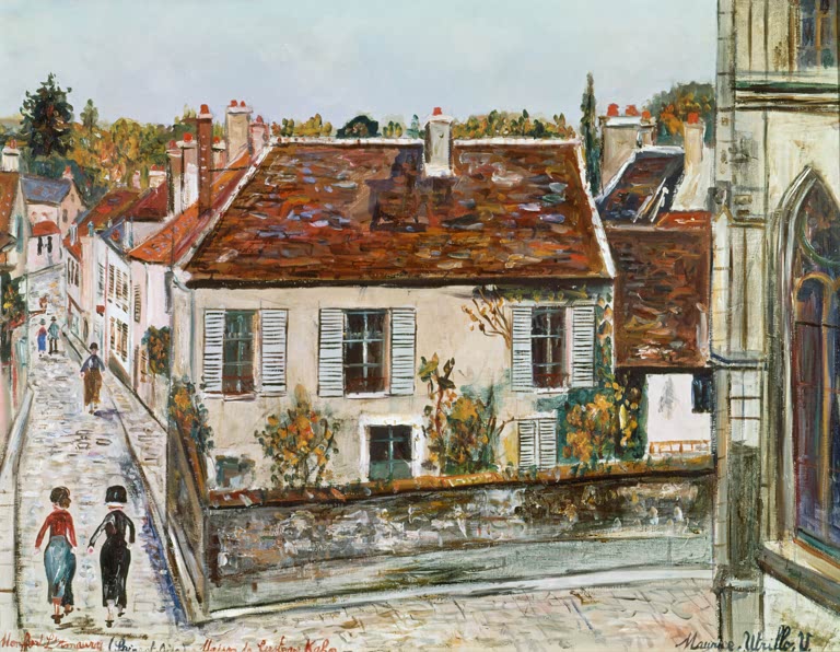 Haus mit rotem Ziegeldach über Steinmauer an abfallender Gasse mit Paar – Maurice Utrillo Haus von Gustave Kahn Kunstkopie