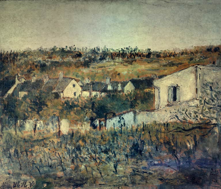Hügelige Gartenlandschaft mit weißen Häusern und Mauer – Maurice Utrillo Montmagny, Die Butte Pinson Kunstkopie