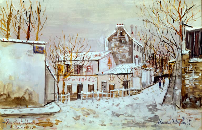 Verschneites Cabaret mit weißem Zaun und kahlen Bäumen in Montmartre – Maurice Utrillo Rue Saint-Vincent Kunstkopie