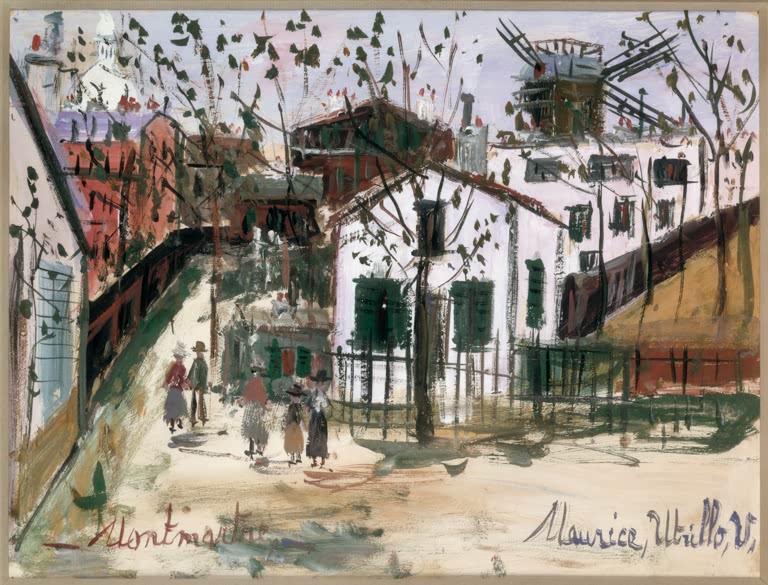 Montmartre-Gasse mit kahlen Bäumen, Treppe und Windmühle, Spaziergänger – Maurice Utrillo Montmartre Kunstkopie