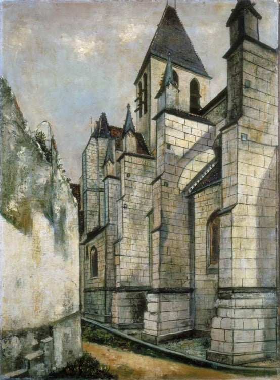 Gotische Steinkirche mit Spitzturm neben verwitterter Mauer – Maurice Utrillo Notre-Dame d'Étampes Kunstkopie