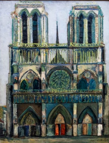 Frontansicht der Kathedrale mit zwei Türmen, Rosette und roten Portaltüren – Maurice Utrillo Notre-Dame Kunstkopie