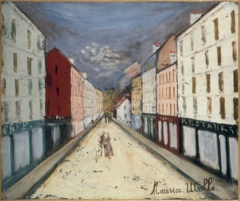 Lange Pariser Straße mit Café, Restaurant und roten wie weißen Häusern – Maurice Utrillo Pariser Straße Kunstkopie