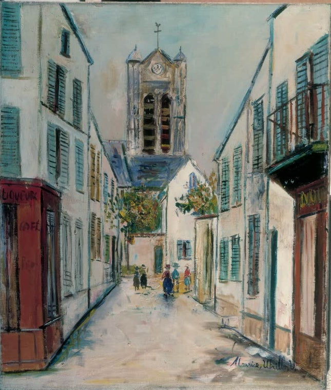 Enge Gasse mit Kirchturm im Hintergrund, Häusern mit Fensterläden und Passanten – Maurice Utrillo Pariser Straße Kunstkopie