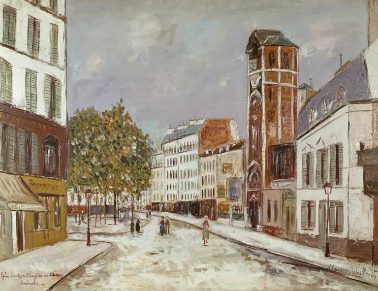 Verschneite Straße mit hohem Backsteinturm der Kirche und Passanten – Maurice Utrillo Place des Abbesses Kunstkopie