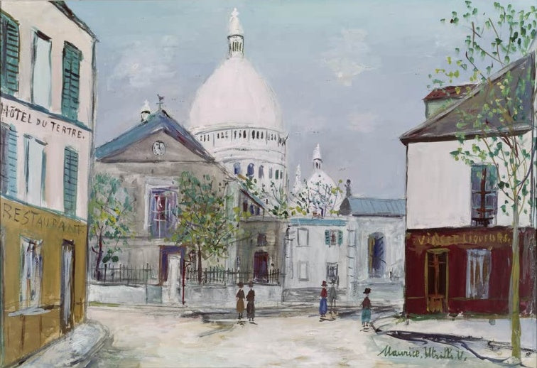 Platz mit Hotel, dahinter Sacré-Cœur, kleine Passanten – Maurice Utrillo Place du Tertre et le Sacré-Coeur Kunstkopie