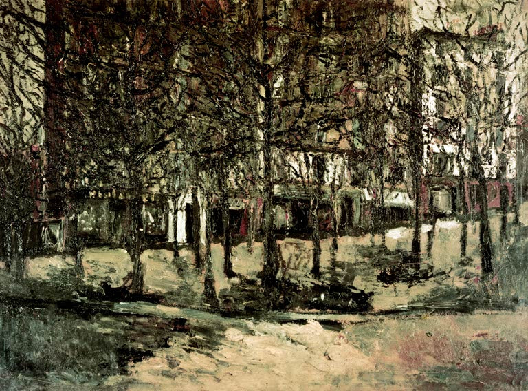 Dunkle Baumreihen und helle Häuser an einem Platz in Montmartre – Maurice Utrillo Platz auf dem Montmartre Kunstkopie