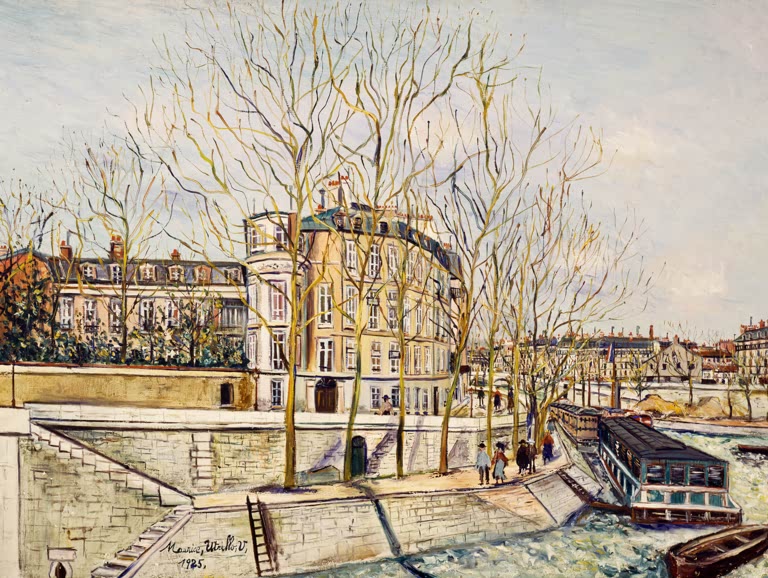 Seine-Ufer mit kahlen Bäumen, Wohnhäusern und Lastkahn – Maurice Utrillo Quai d'Anjou Kunstkopie